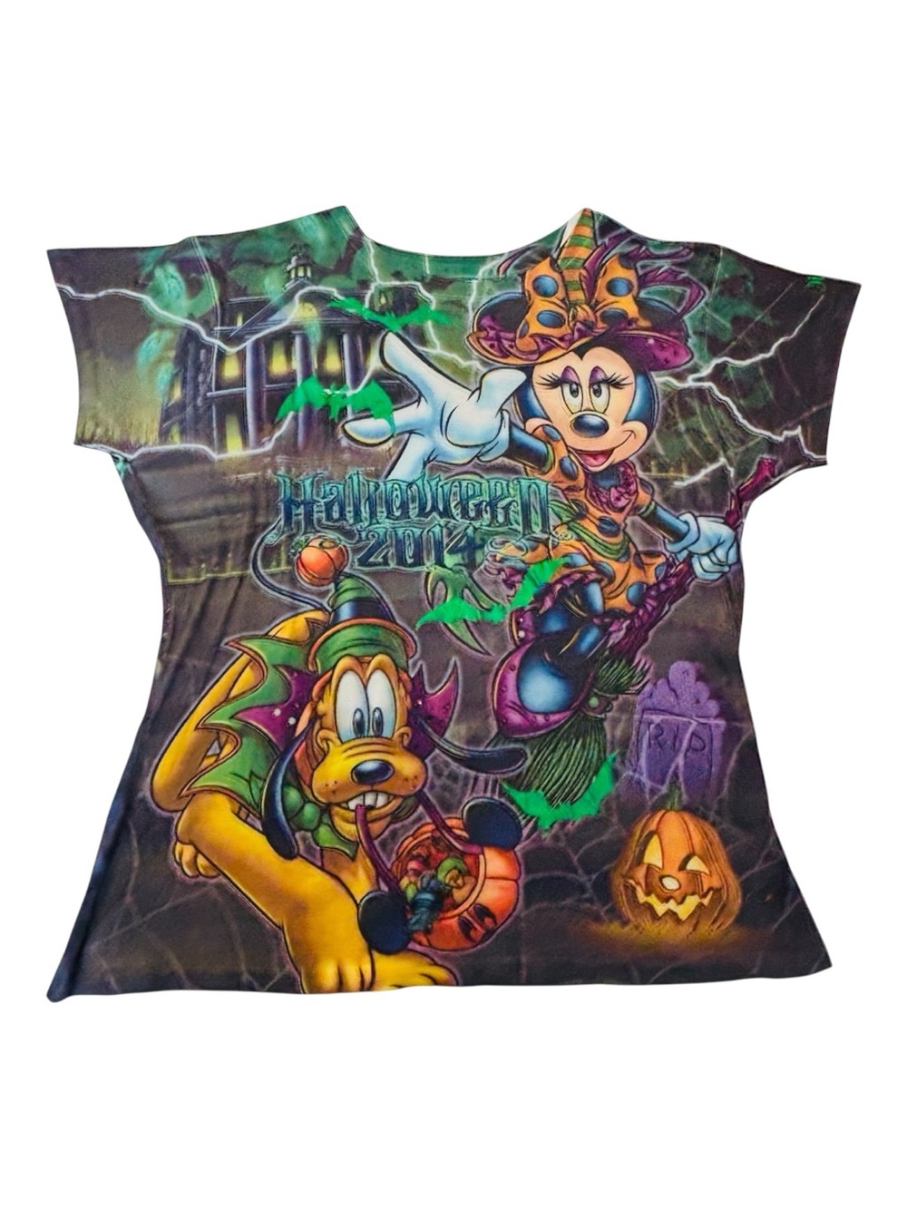 Disney Parks Halloween 2014 Haunted Mansion Mickey Minnie AOP Adult Shirt XL GID